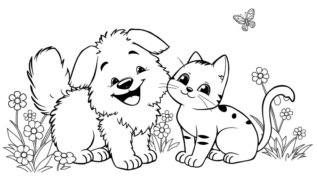 Eine Farbtafel: Ein fröhlicher Hund und eine Katze sitzen friedlich nebeneinander in einer blühenden Wiese, mit einem Schmetterling, der über ihnen schwebt.