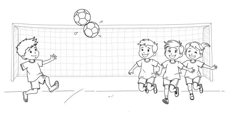 Schwarz-weiß Farbtafel einer Gruppe von Kindern, die auf einem Fußballfeld spielen, mit einem Tor und schwebenden Bällen im Hintergrund.