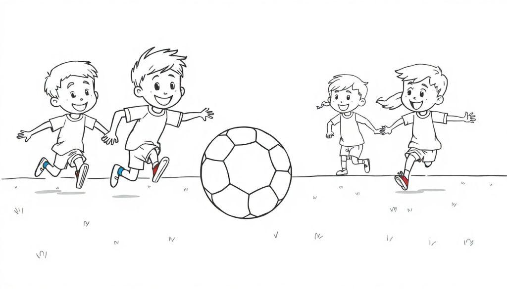 Schwarz-weiße Farbtafel mit vier Kindern, die Hand in Hand einen Fußball jagen.