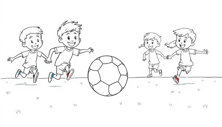 Schwarz-weiße Farbtafel mit vier Kindern, die Hand in Hand einen Fußball jagen.