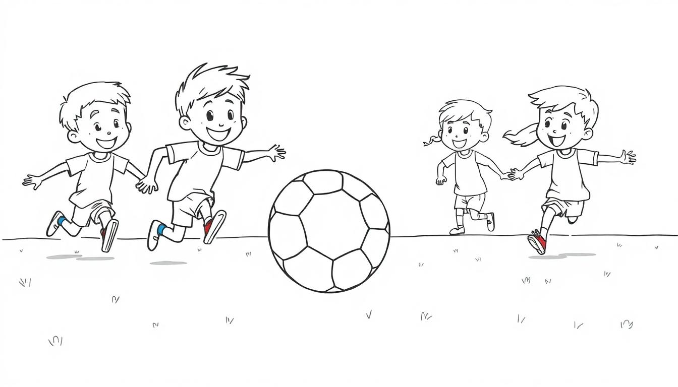 Schwarz-weiße Farbtafel mit vier Kindern, die Hand in Hand einen Fußball jagen.