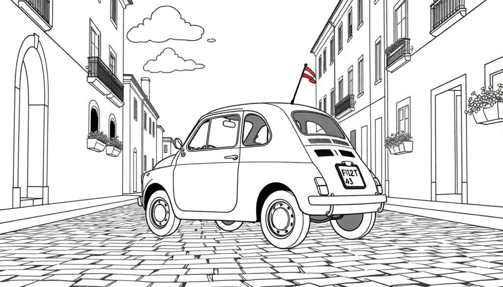 Farbtafel: Ein schwarz-weißer Fiat 500 Oldtimer mit österreichischer Flagge in einer europäischen Gasse, bereit zum Ausmalen.