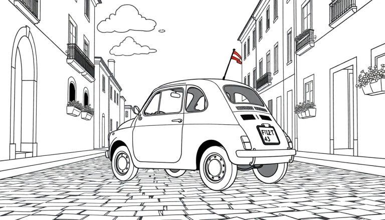 Farbtafel: Ein schwarz-weißer Fiat 500 Oldtimer mit österreichischer Flagge in einer europäischen Gasse, bereit zum Ausmalen.