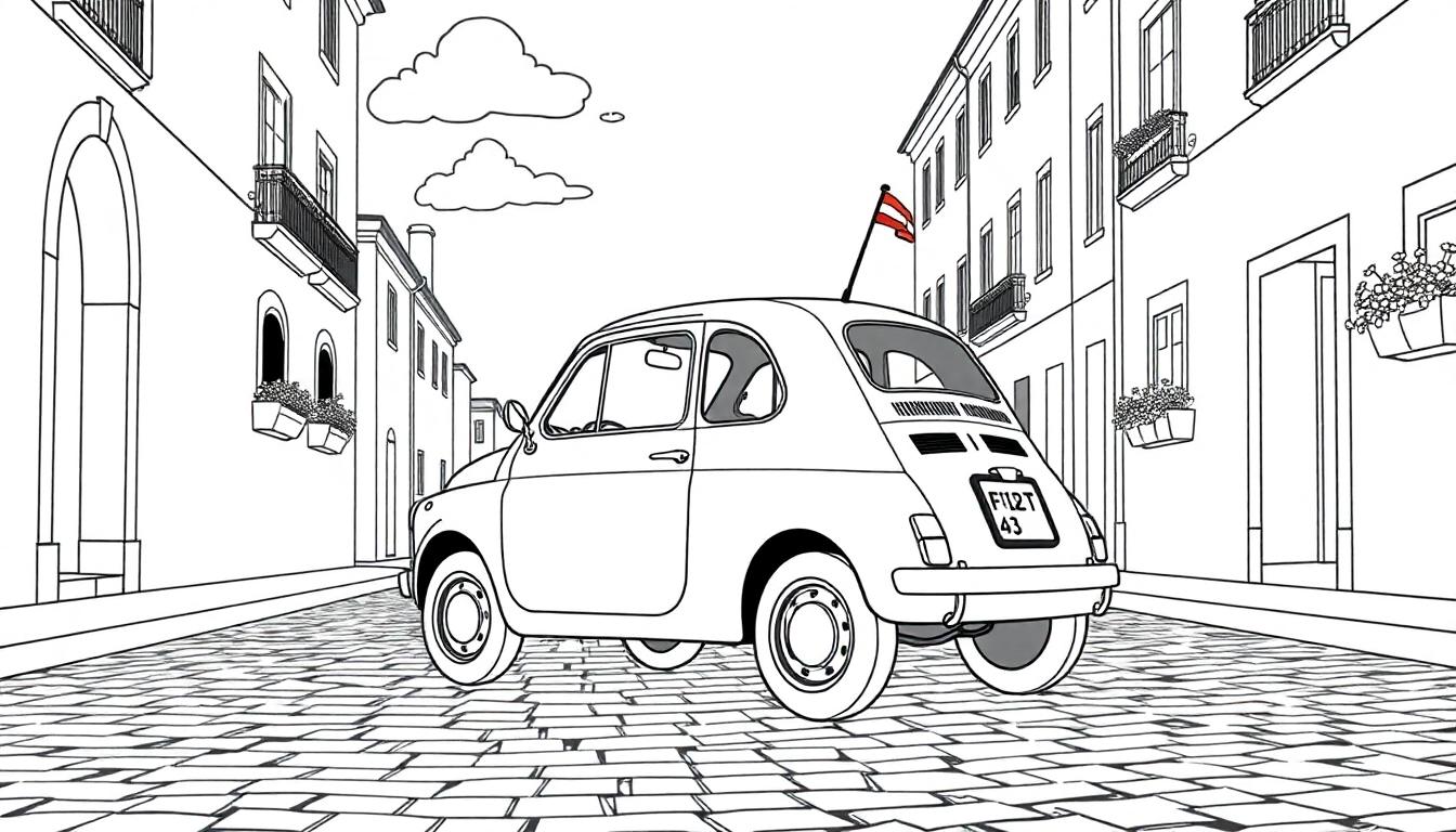 Farbtafel: Ein schwarz-weißer Fiat 500 Oldtimer mit österreichischer Flagge in einer europäischen Gasse, bereit zum Ausmalen.
