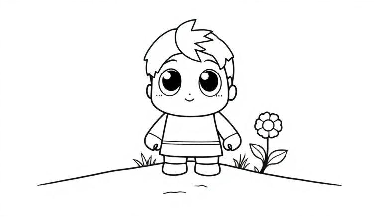 Schwarz-Weiß-Farbtafel-Cartoon eines kleinen Jungen auf einem Hügel mit einer Blume.