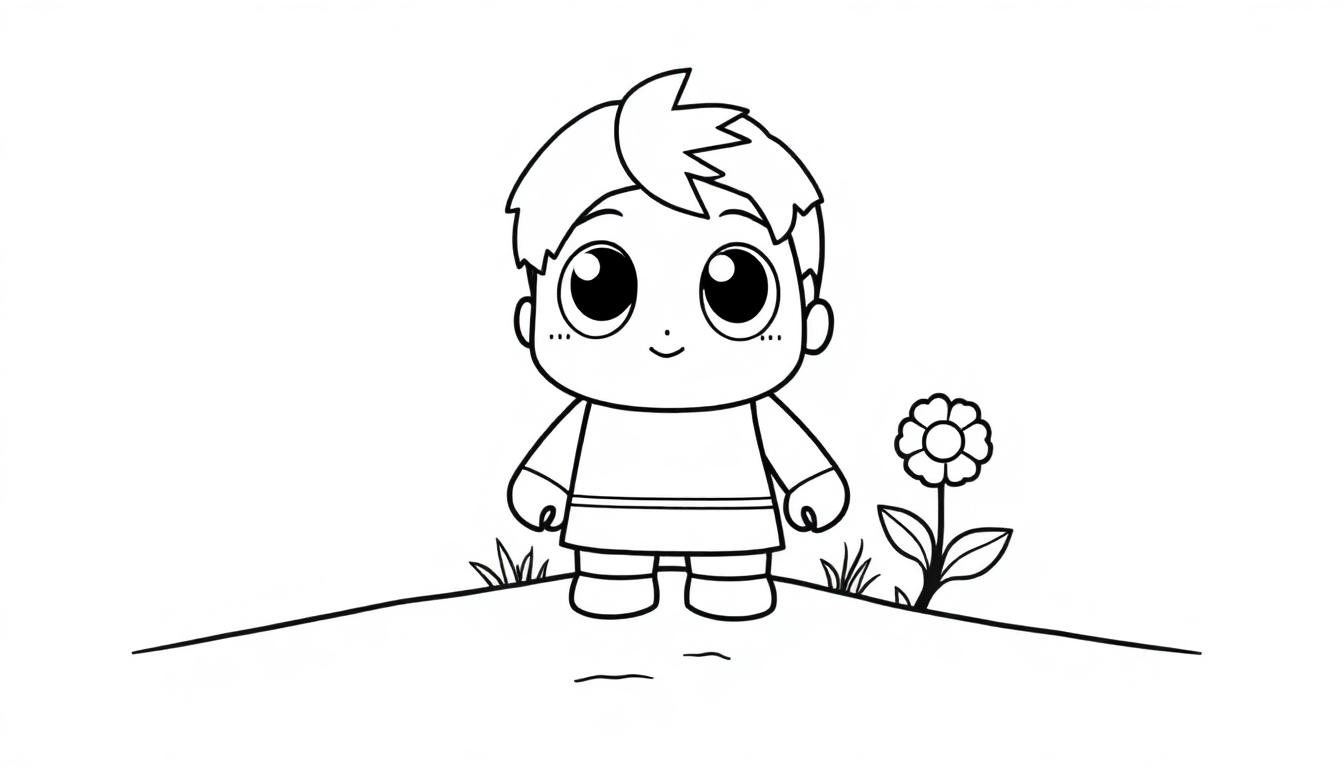 Schwarz-Weiß-Farbtafel-Cartoon eines kleinen Jungen auf einem Hügel mit einer Blume.