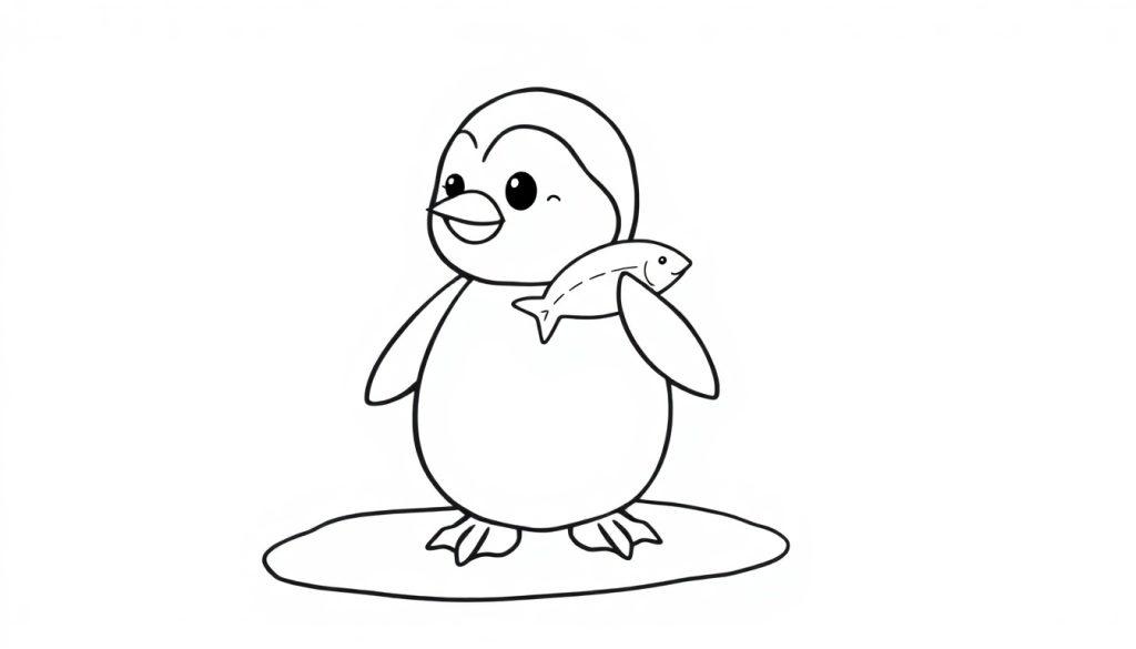 Eine niedliche Cartoon-Farbtafel eines Pinguins mit einem kleinen Fisch.
