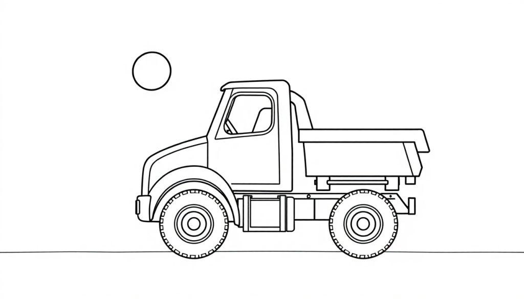 Schwarz-weiße Farbtafel-Umrisszeichnung eines kleinen Volvo Lastwagens mit großen Reifen und einem leeren Kreis darüber, der wie eine Sonne oder ein Mond aussieht.