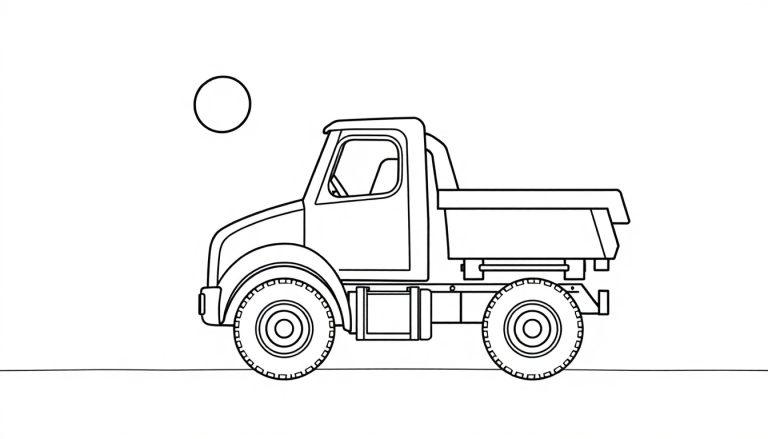 Schwarz-weiße Farbtafel-Umrisszeichnung eines kleinen Volvo Lastwagens mit großen Reifen und einem leeren Kreis darüber, der wie eine Sonne oder ein Mond aussieht.