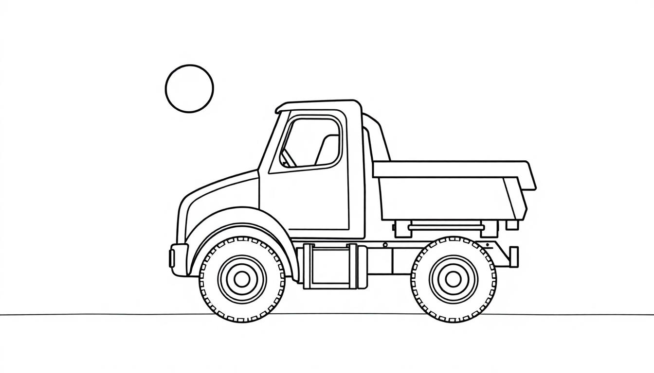 Schwarz-weiße Farbtafel-Umrisszeichnung eines kleinen Volvo Lastwagens mit großen Reifen und einem leeren Kreis darüber, der wie eine Sonne oder ein Mond aussieht.