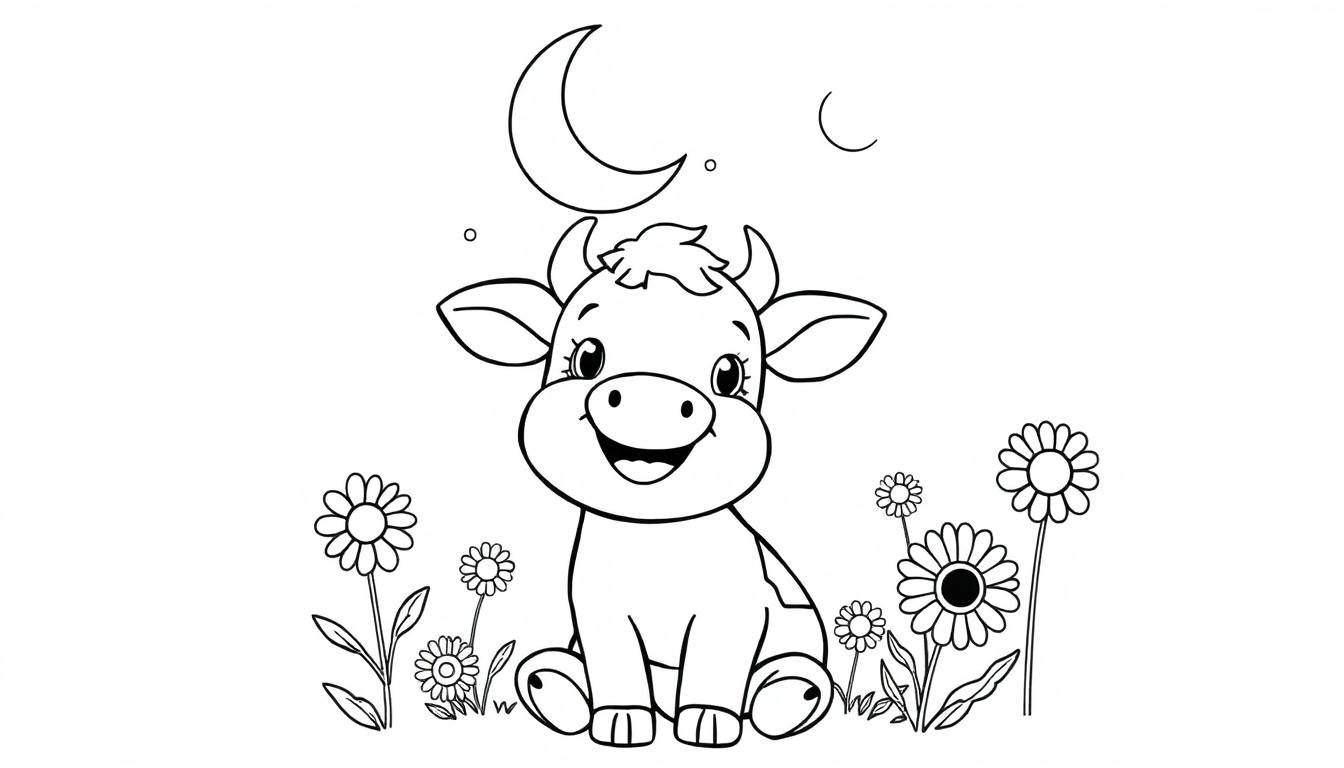 Schwarz-Weiß-Farbtafel einer niedlichen Kuh, umgeben von Blumen und unter einem lachenden Mond.