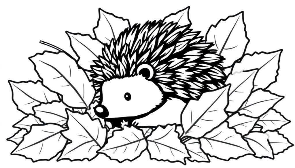 Schwarz-Weiß-Farbtafel: Ein niedlicher Igel sitzt versteckt in einem Haufen bunter Blätter.