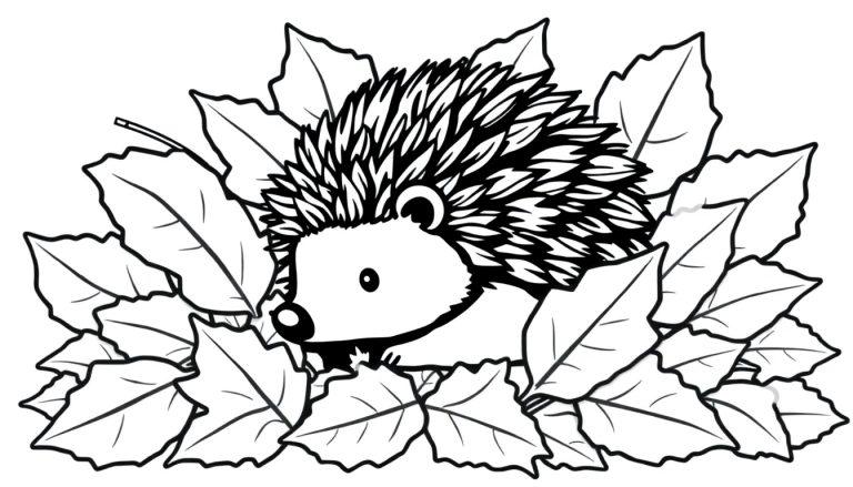 Schwarz-Weiß-Farbtafel: Ein niedlicher Igel sitzt versteckt in einem Haufen bunter Blätter.