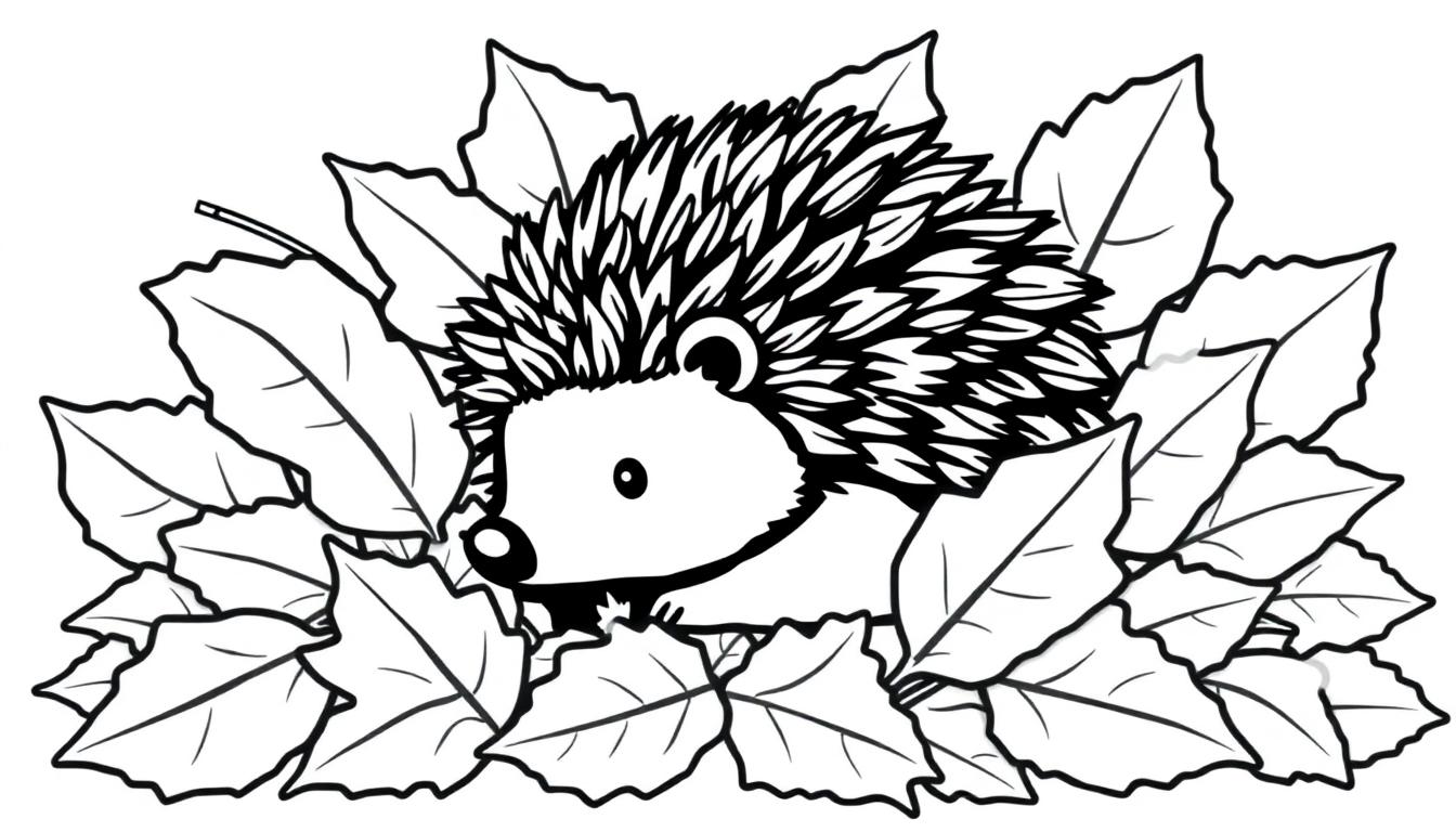 Schwarz-Weiß-Farbtafel: Ein niedlicher Igel sitzt versteckt in einem Haufen bunter Blätter.