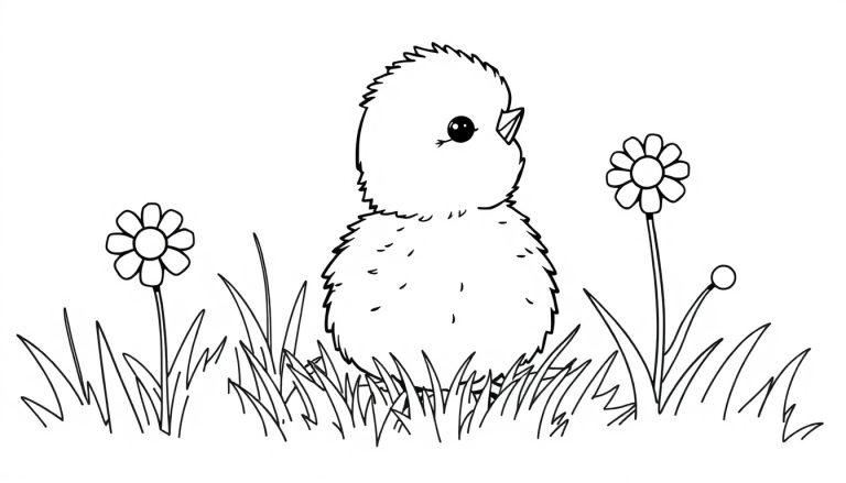 Schwarz-weiße Farbtafel eines niedlichen Küken im Gras mit Gänseblümchen, bereit zum Ausmalen.