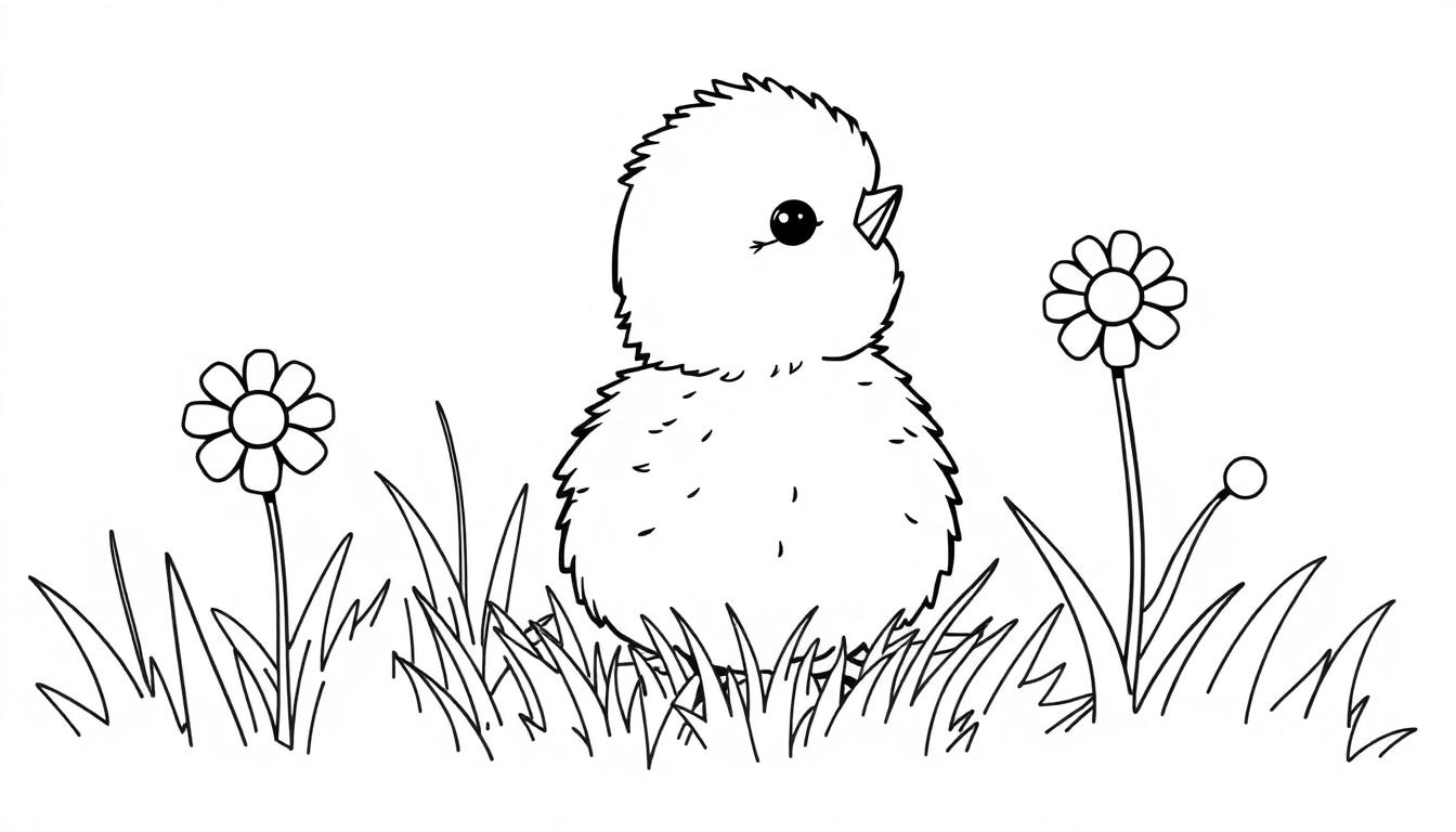 Schwarz-weiße Farbtafel eines niedlichen Küken im Gras mit Gänseblümchen, bereit zum Ausmalen.