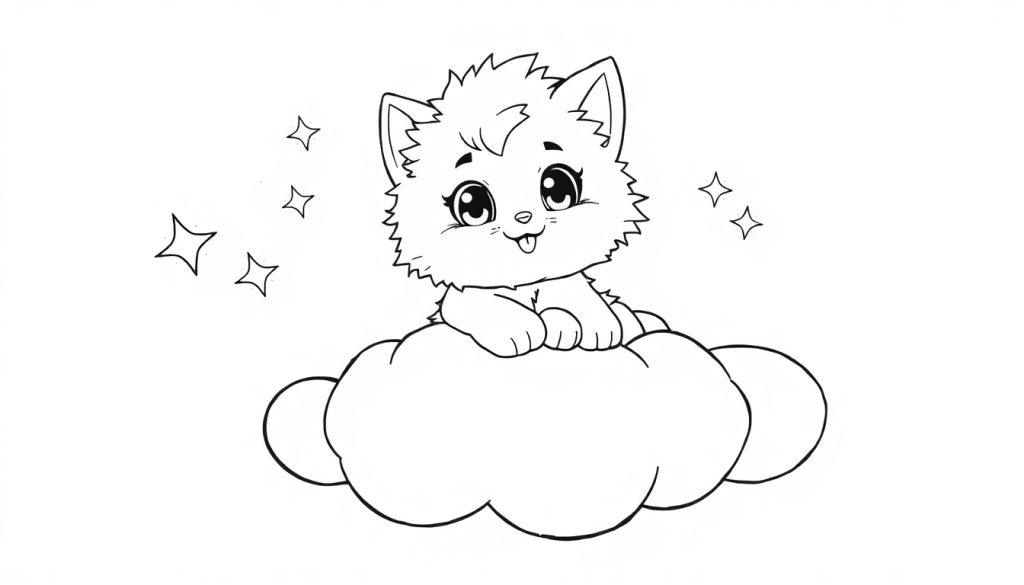 Eine Schwarz-Weiß-Farbtafel einer niedlichen Cartoon-Katze auf einer Wolke mit Sternen.