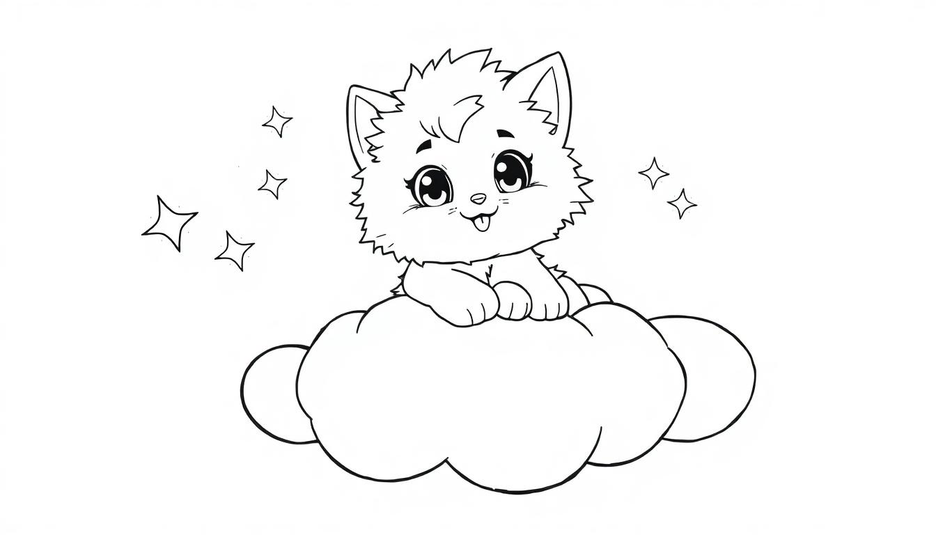 Eine Schwarz-Weiß-Farbtafel einer niedlichen Cartoon-Katze auf einer Wolke mit Sternen.
