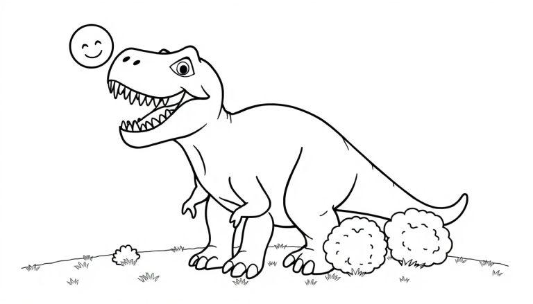 Eine schwarz-weiße Farbtafel-Skizze eines lächelnden Tyrannosaurus Rex mit einem Smiley-Gesicht über dem Kopf, der im Gras steht.