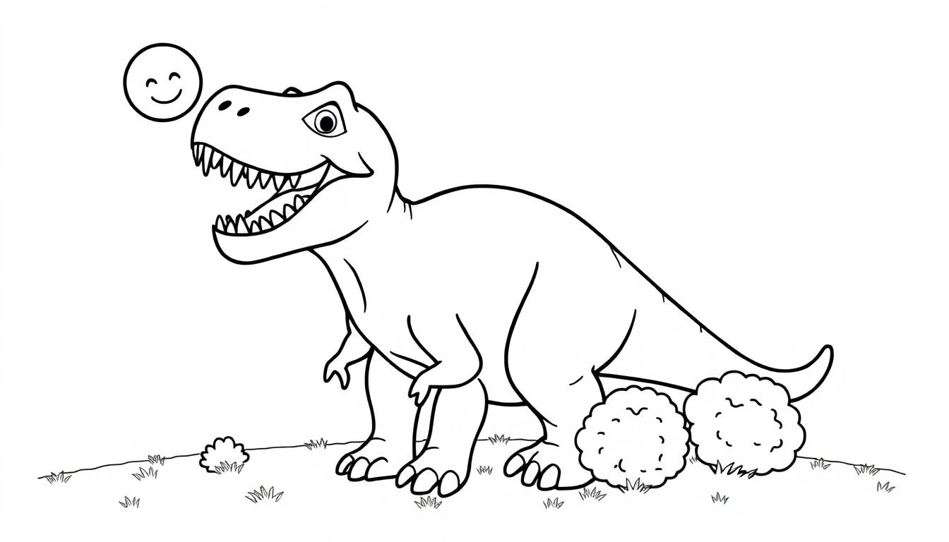 Eine schwarz-weiße Farbtafel-Skizze eines lächelnden Tyrannosaurus Rex mit einem Smiley-Gesicht über dem Kopf, der im Gras steht.