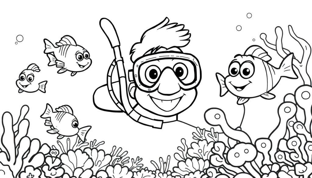Schwarz-weiße Farbtafel eines lachenden Tauchers mit Schnorchel und Brille, der unter Wasser zwischen Fischen und Korallen schwimmt.