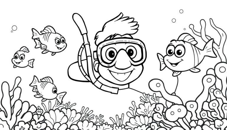 Schwarz-weiße Farbtafel eines lachenden Tauchers mit Schnorchel und Brille, der unter Wasser zwischen Fischen und Korallen schwimmt.