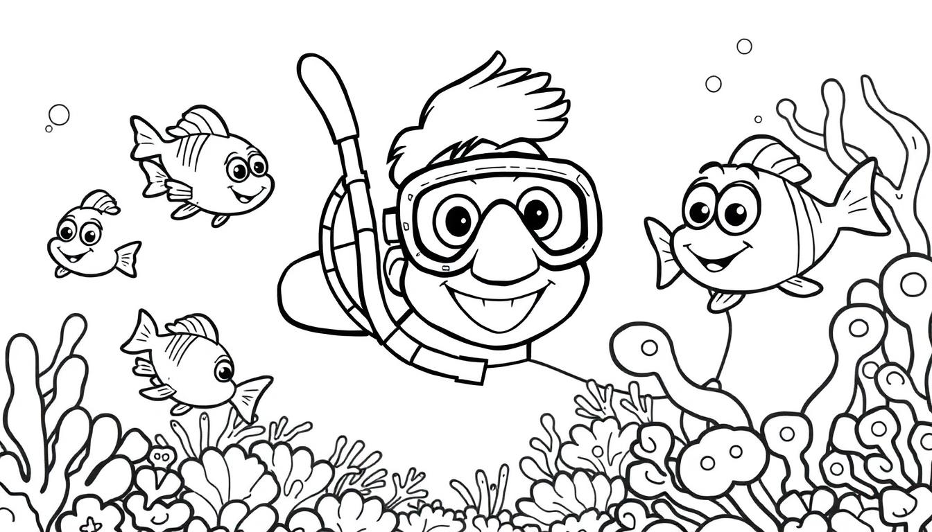 Schwarz-weiße Farbtafel eines lachenden Tauchers mit Schnorchel und Brille, der unter Wasser zwischen Fischen und Korallen schwimmt.