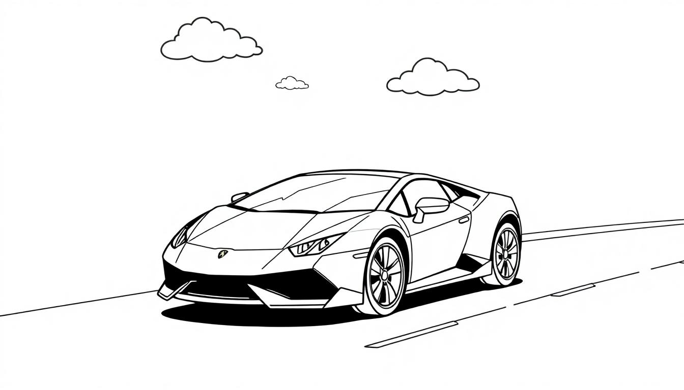 Schwarz-weiße Farbtafel-Zeichnung eines Lamborghini Huracán auf einer Straße mit Wolken.