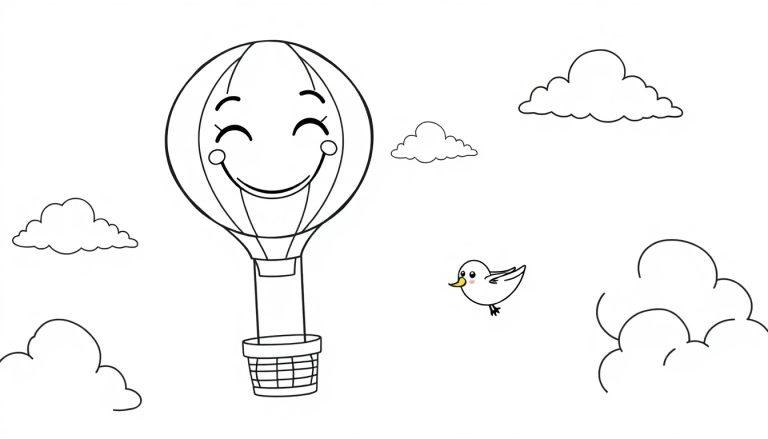 Schwarz-Weiß-Farbtafel eines freundlichen Cartoon-Heißluftballons, der mit einem kleinen Vogel und flauschigen Wolken am Himmel fliegt.