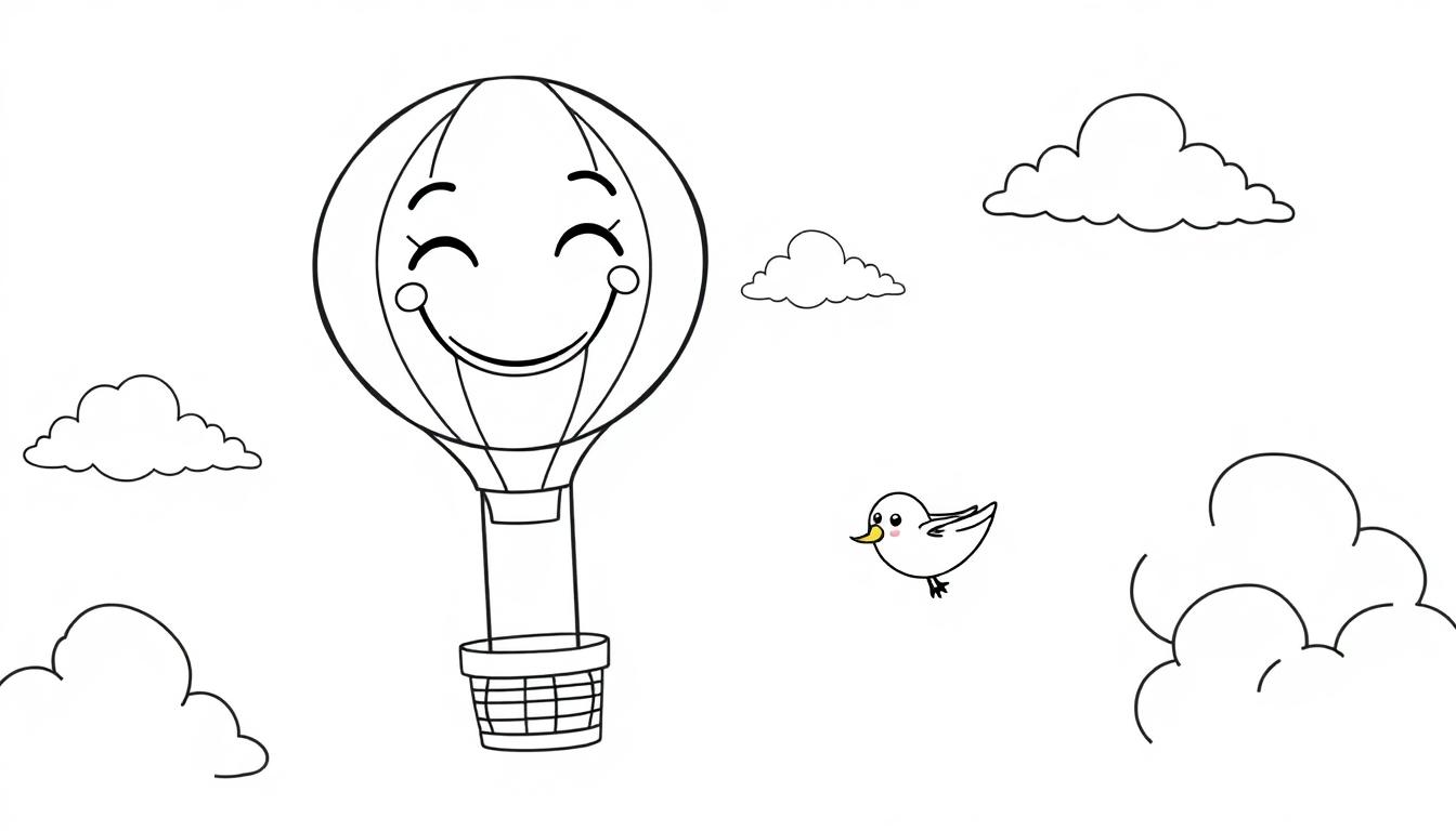 Schwarz-Weiß-Farbtafel eines freundlichen Cartoon-Heißluftballons, der mit einem kleinen Vogel und flauschigen Wolken am Himmel fliegt.