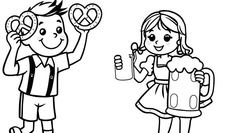 Farbtafel: Ein fröhlicher Junge in Lederhosen und ein Mädchen im Dirndl, beide mit Brezeln und Bierkrügen, lächeln breit.