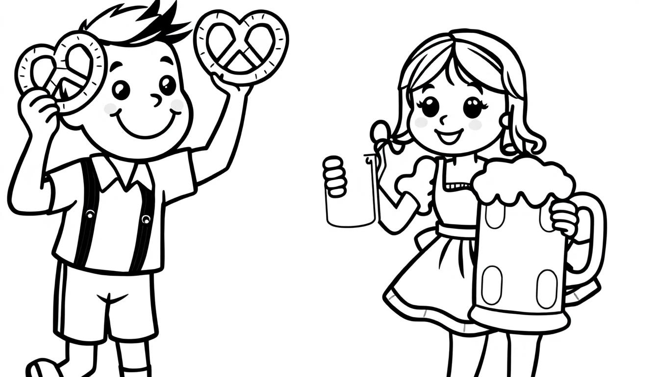 Farbtafel: Ein fröhlicher Junge in Lederhosen und ein Mädchen im Dirndl, beide mit Brezeln und Bierkrügen, lächeln breit.