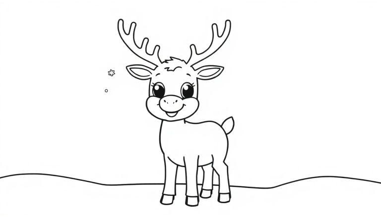 Eine Farbtafel eines lächelnden Rentiers im Cartoon-Stil mit Geweih und einem kleinen Stern oder Schneeflockensymbol.
