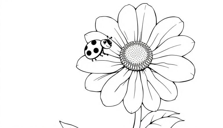 Farbtafel: Ein niedlicher Marienkäfer sitzt auf einem Gänseblümchen.