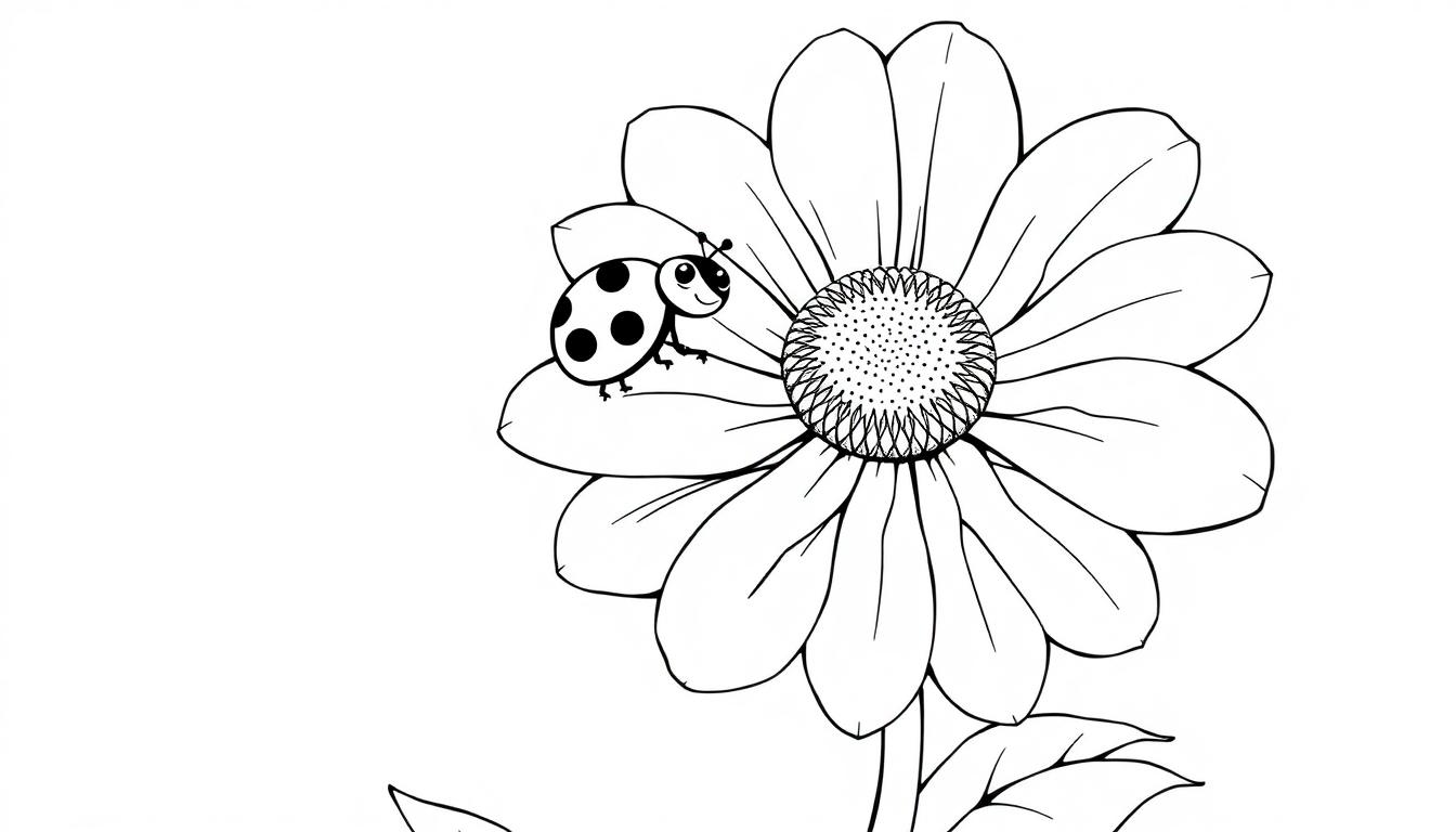 Farbtafel: Ein niedlicher Marienkäfer sitzt auf einem Gänseblümchen.