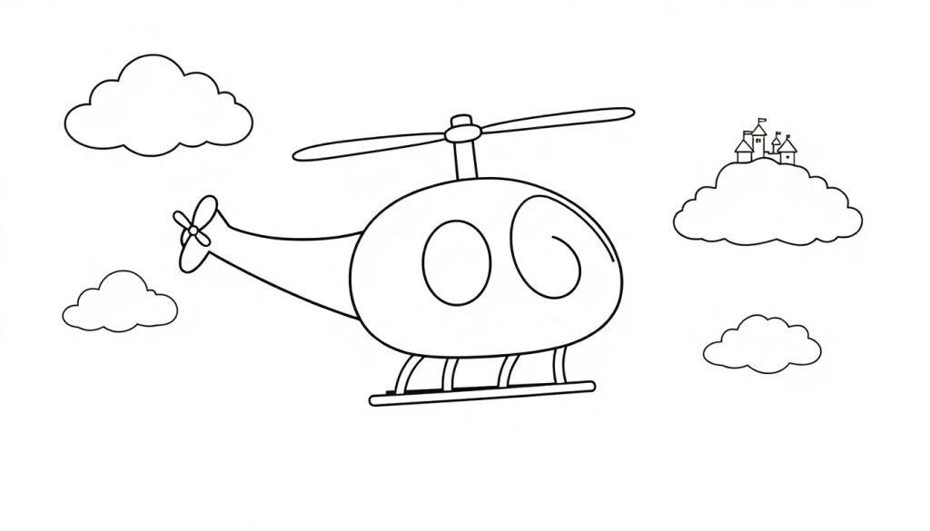 Farbtafel: Ein freundlicher Cartoon-Hubschrauber fliegt über vereinfachte Wolken.