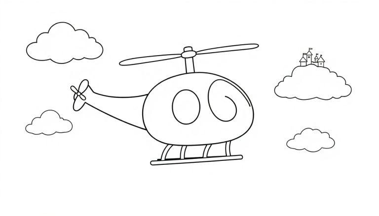 Farbtafel: Ein freundlicher Cartoon-Hubschrauber fliegt über vereinfachte Wolken.