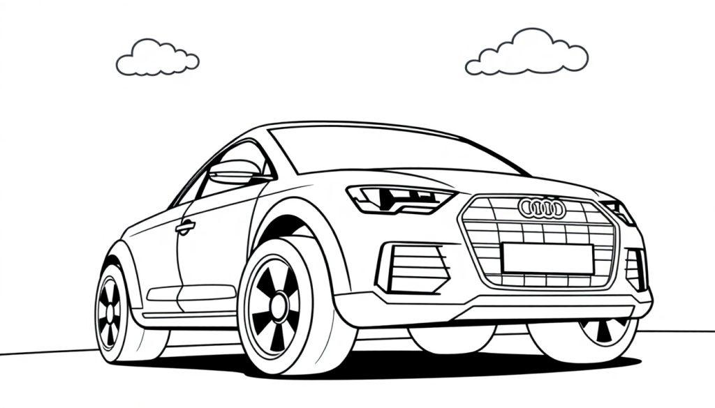Eine Schwarz-Weiß-Farbtafel eines Audi Q3 mit großen Rädern und einem freundlichen Lächeln, bereit zum Ausmalen.