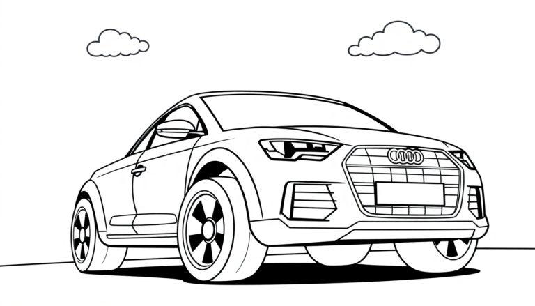 Eine Schwarz-Weiß-Farbtafel eines Audi Q3 mit großen Rädern und einem freundlichen Lächeln, bereit zum Ausmalen.