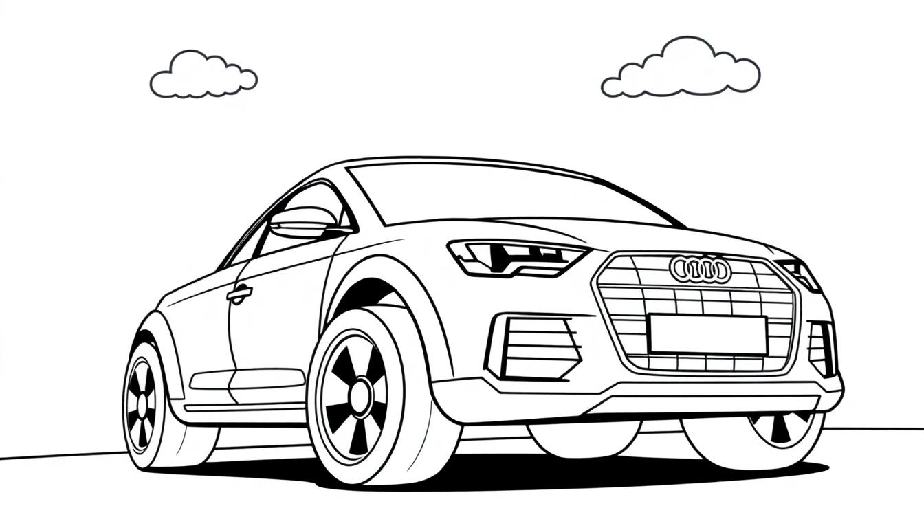 Eine Schwarz-Weiß-Farbtafel eines Audi Q3 mit großen Rädern und einem freundlichen Lächeln, bereit zum Ausmalen.