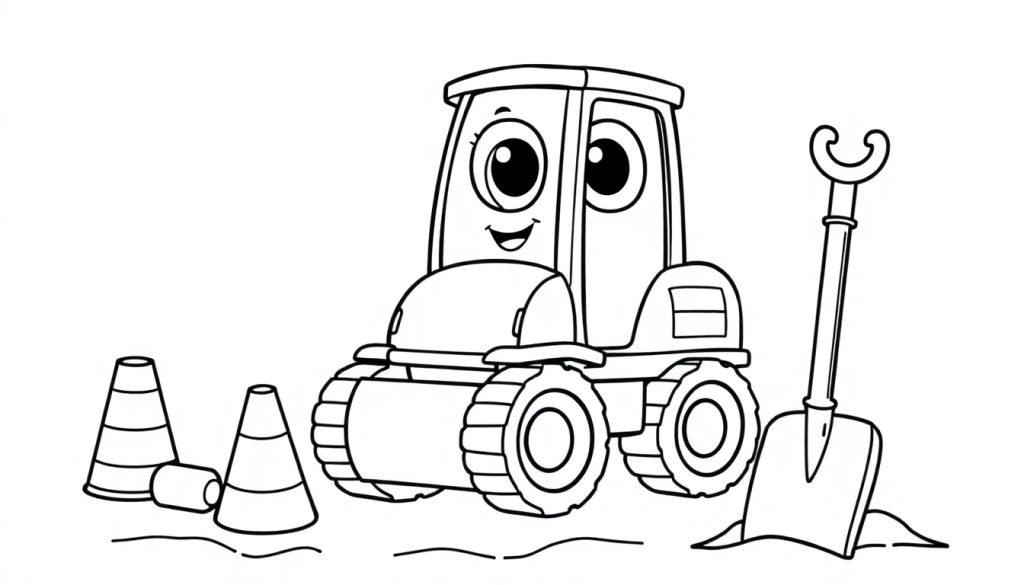 Ein fröhlicher Cartoon-Traktor auf einer Baustelle, bereit zum Ausmalen als Farbtafel.