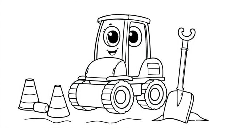 Ein fröhlicher Cartoon-Traktor auf einer Baustelle, bereit zum Ausmalen als Farbtafel.