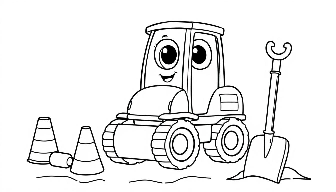 Ein fröhlicher Cartoon-Traktor auf einer Baustelle, bereit zum Ausmalen als Farbtafel.