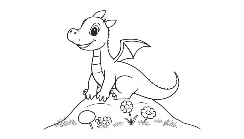 Farbtafel: Ein freundlicher Cartoon-Drache sitzt auf einem Hügel.