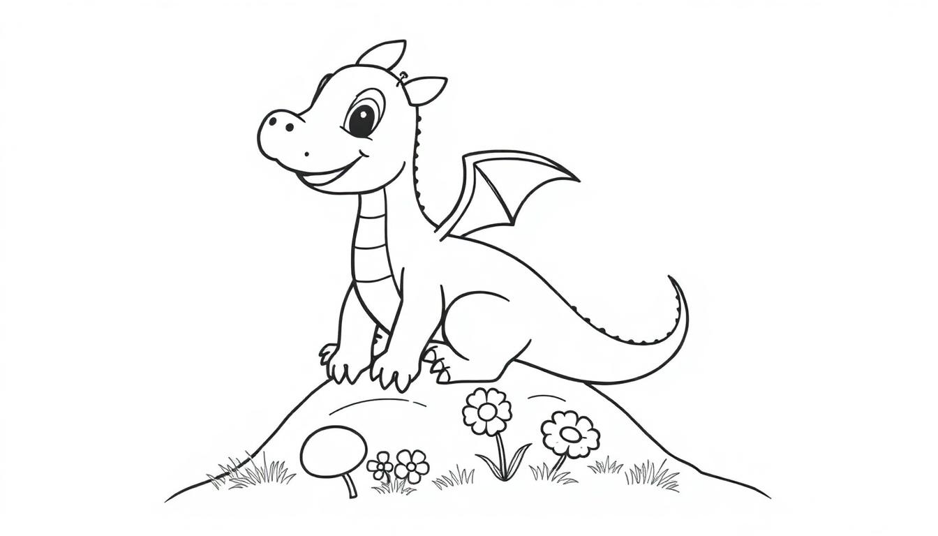 Farbtafel: Ein freundlicher Cartoon-Drache sitzt auf einem Hügel.