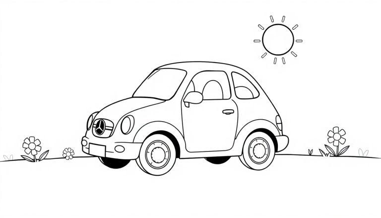 Schwarz-Weiß-Farbtafel eines niedlichen Cartoon-Autos vor einer ländlichen Kulisse mit einer stilisieren Sonne und Blumen.