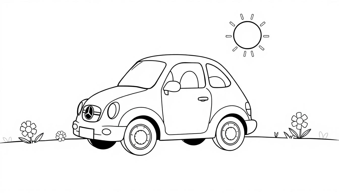 Schwarz-Weiß-Farbtafel eines niedlichen Cartoon-Autos vor einer ländlichen Kulisse mit einer stilisieren Sonne und Blumen.