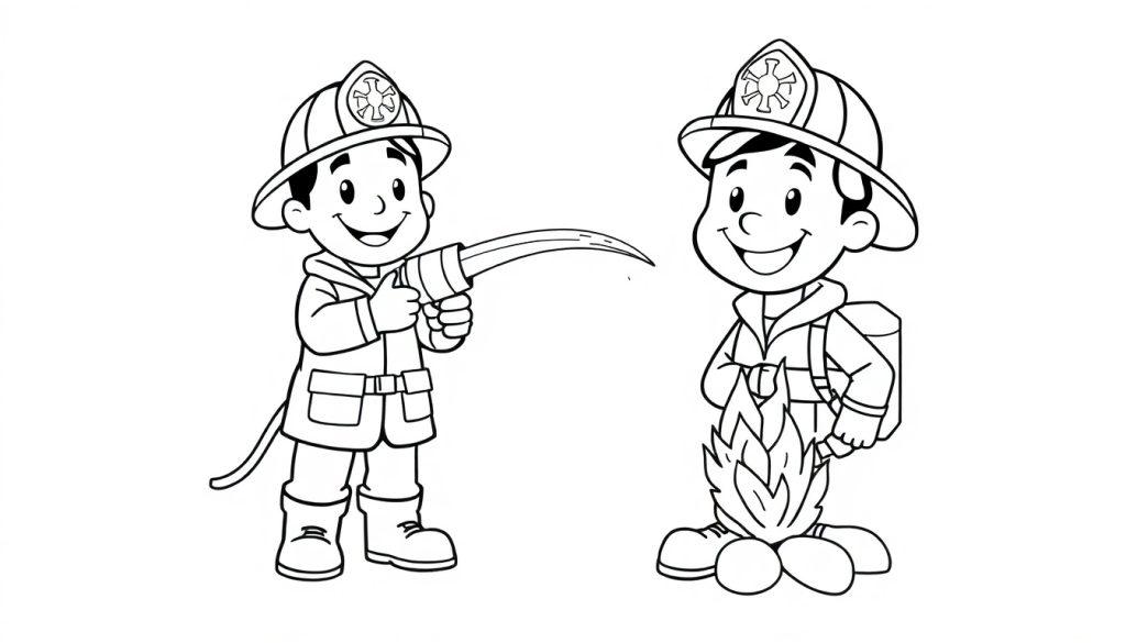 Eine Schwarz-Weiß-Farbtafel von zwei Cartoon-Feuerwehrmännern, die ein kleines Feuer löschen.