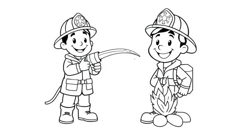 Eine Schwarz-Weiß-Farbtafel von zwei Cartoon-Feuerwehrmännern, die ein kleines Feuer löschen.