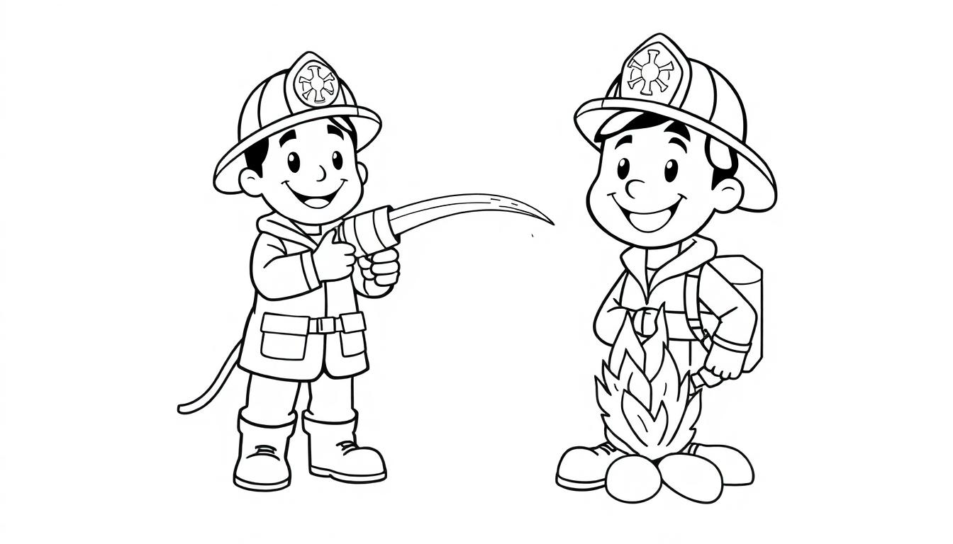 Eine Schwarz-Weiß-Farbtafel von zwei Cartoon-Feuerwehrmännern, die ein kleines Feuer löschen.